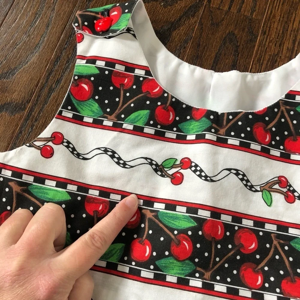 Vintage Girls 8-10 Black/Red Cherries A-Line Sleeveless Midi Dress w/Pockets